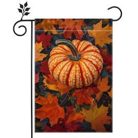 Fall Pumpkin Garden Flag for Outside, Thanksgiving Maple Leaf Garden Flag, Welcome Fall Garden Flag 12x18 Inch Double Sided Burlap, Outdoor Yard Flag Decorations for Home（Only Garden Flag）