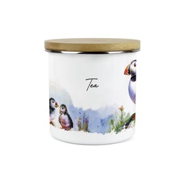 Puffins on the Rocks Tea Storage Canister - Coastal Sea Birds Homewares Presents - Tea/Coffee/Sugar Metal Enamel Hot Drinks Storage Container Gifts