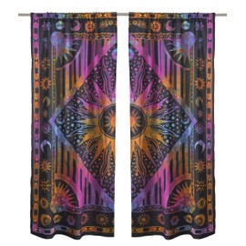 Popular Handicrafts Indian Burning Sun Hippie Mandala Window Curtains - Gypsy Tye Dye Bohemian Sun Moon Beautiful Drapery Bedroom Living Room Balcony Valance Panels Purple