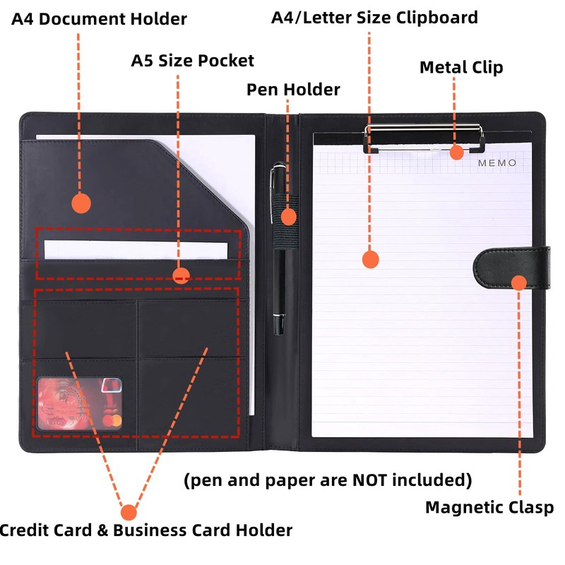 A4 Clipboard Folder, PU Leather Magnetic Conference Folder with Cover