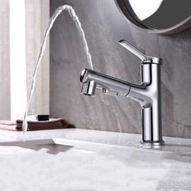 MFQJJRRMI Bathroom Sink Faucet with Pull Out Sprayer Hot and Cold Single Hole Faucet for Bathroom Vanity-Gray(Chrome)