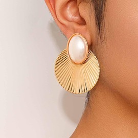 Inilbran Punk Disc Coin Earrings Metal Disc Drop Earrings Hammered Round Disc Dangle Earrings Gold Shell Earrings Teardrop Beads Earrings For Women, Zinc, No Gemstone