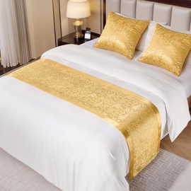 Cobedzy Gold Satin Bed Runner for King Size Beds(1.8m), 50 x 240cm(20" x 94") Jacquard Bed Scarf Satin Bedding Scarves for Hotel, Home, Guesthouse