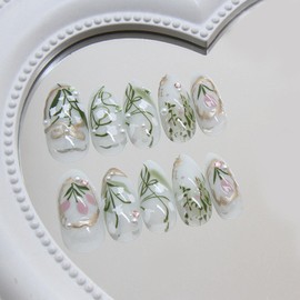 Medium Press on Nails Almond Glue on Nails Green Leaves Acrylic Nails Cute Translucent Nails Press ons Cymbidium Fake Nails Pearls & Summer Stick on Nails for Women 24 Pcs