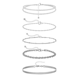 WinHoliLux 5 Pcs Silver Ankle Bracelets for Women, Silver Anklets for Women, Women's Anklets Waterproof Dainty Layered Anklet Set Ankle Chains Adjustable Beach Foot Chain Jewelry Gift for Summer Day