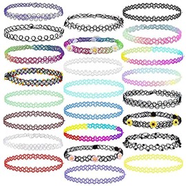 RosewineC Pack of 24 Elastic Necklaces, Stretch Tattoo Choker Chain, Rainbow Bracelet, Vintage Rubber Tattoo Necklace, Henna Collar for Girls, Women, Teen, Children, Rubber