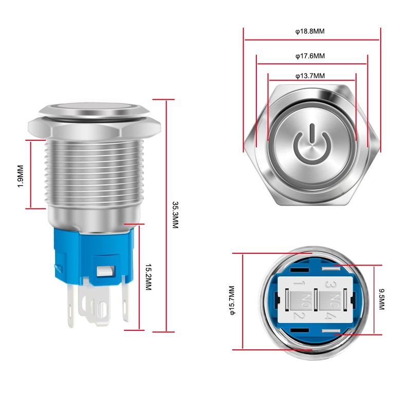 2PCS 16mm Latching Push Button Switch Metal Stainless Shell IP65