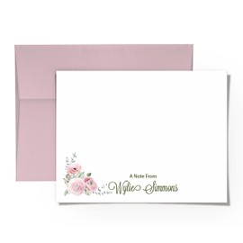 Custom Note Cards and Envelopes for Women Stationery Flat Note Cards - Pink Rose- Choose Your Envelope and Ink Colors