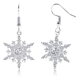 FANCH Snowflake Earrings for Women 18K White Gold Plated Leverback Dangle Christmas Snowflake Earrings High Polished Silver Dangle Drop Earrings