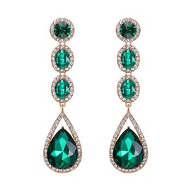 Flyonce Bridal Rhinestone Teardrop Dangle Earrings, Wedding Crystal Drop Earrings for Women Pierced Dangling Green Gold-Tone