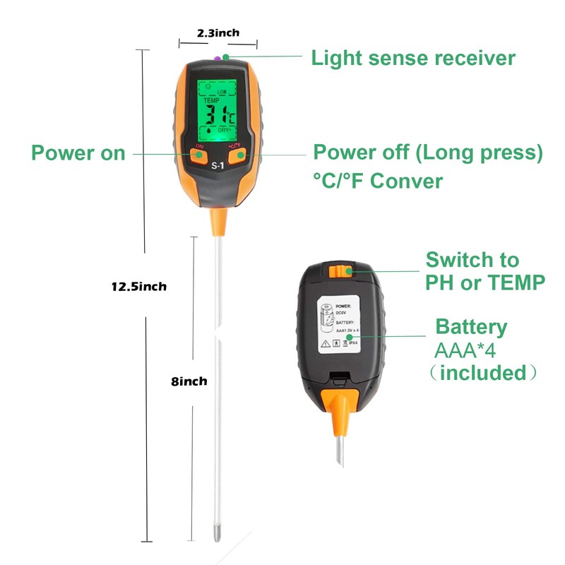 Justmetr [Upgraded Soil PH Meter, 4-in-1 Soil Tester Moisture, Digital