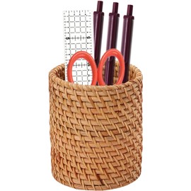 Norhogo Natural Handmade Rattan Pen Holder, Wooden Pen Holder, Round Multifunctional Pen Holder Organiser, Pen Holder Desk for Organiser, Pens, Ballpoint Pens, Makeup Brushes