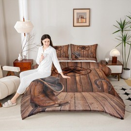Manfei Western Texas Star Kids Comforter Set Twin Size,Cowboy Horseshoe Old Wooden Door Bedding Set,Girls Boys Adults Room Decor,Rustic Farmhouse Down Comforter,Brown Retro Duvet Insert,1 Pillowcase