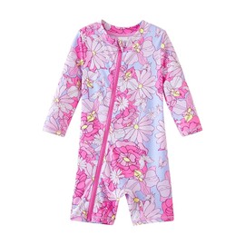 UMELOK Baby Girls Swimsuit One Piece Full Zip with Long Sleeve UPF 50+ Sun Protection Sunsuit Pink Flower,12M