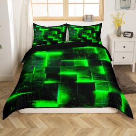 Green Black Bed Set, 3D Glowing Buffalo Duvet Cover, 135 x 200 cm, Modern Abstract Art Bed Linen Sets, Geometric Plaid Comforter Cover, Gradient Futuristic Cubes Duvet Cover (Black Reversible)