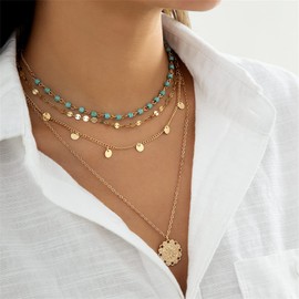 Bohemian Necklaces for Women Layered Turquoise Necklace Gold Long Necklace for Women Bohemian Coin Pendant Necklace Boho Star Necklace Western Jewelry for Women cowgirl cowboy