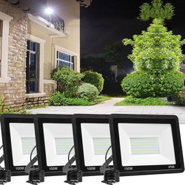 QIYEKA 4 Pack 100W LED Flood Light Outdoor,10000LM Bright Work Spotlight Plug in,6000K Daylight White,IP66 Waterproof Exterior Security Floodlights for Yard,Garden,Backyard,Patio,Stadium,Parking Lot
