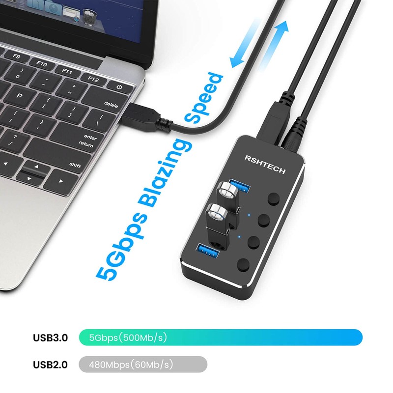 RSHTECH Hub USB alimentado, 4 puertos USB 3.0 divisor de