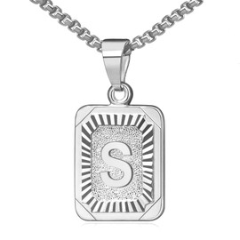 Cupimatch Letter Chain Pendant Silver – Women's Men's Letter A-Z Necklace Stainless Steel Square Shape Alphabet Pendant Necklace Chain with 56 cm Wheat Chain for Men Women, Stainless Steel