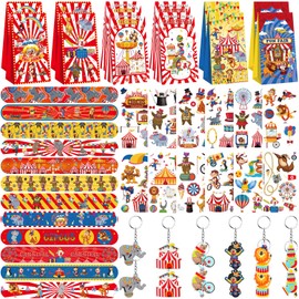 LSJDEER Circus Party Favor Bags, 12 Slap Bracelets, 12 Carnival Party Bags, 12 Tattoo Stickers, 12 Carnival Keychains for Circus Themed Birthday Party Supplies