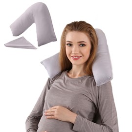 V Pillow with Pillowcase Grey and V Pillow Cover, Pregnancy Pillow Travel, Excess PP Cotton Filling Orthopaedic V Shaped Pillow Support for Head, Neck & Back, Body Pillow Reading Pillow