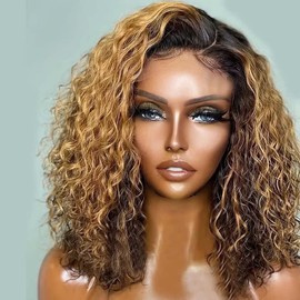 14 Inch Highlight Glueless Short Bob Wig Human Hair Brazilian Curly wig Hair P4/27 Ombre Brown Honey Blonde 13x4 HD Transparent Lace Front Wig Human Hair Pre Plucked With Baby Hair