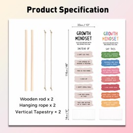 PLIGREAT Pack of 2 Growth Mindset Wall Hanging, Mental Health Art Tapestry with Tassel, Vertical Motivational Slim Aesthetic Tapestry for Classroom Decor