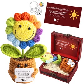 Thank You Gifts Small - Pocket Hug German Positive Knitted Multicoloured Sunflower with Keyring & Greeting Card in Vintage Treasure Chest - Lucky Charm for Friends Colleagues Parents