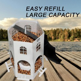 Metal Bird Feeder for Outdoors Hanging, Wild Bird Feeders with 5 Ports & Squirrel Proof, Garden Yard Outside Decoration, 4 lbs Large Seed Capacity, Waterproof Design (White/Black)