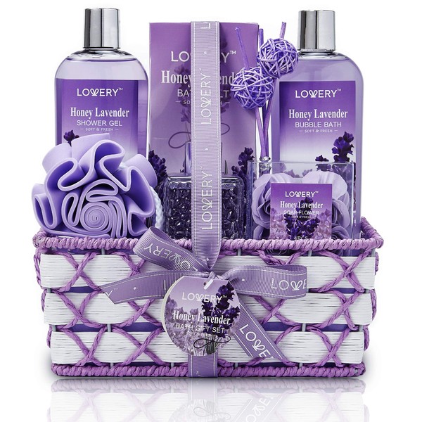 Valentine's Day Gift - Bath and Body Gift Basket For Women and Men – Honey Lavender Home Spa Set with Essential Oil Diffuser, Soap Flowers, Bath Salt and More - 13 Piece Set