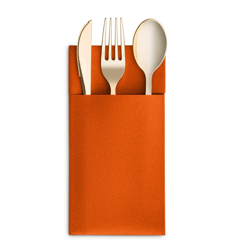 50-Pack Disposable Linen-Feel Dinner Napkins with Built-in Flatware Pocket, ORANGE