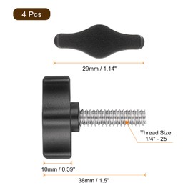 sourcing map 4 Pcs 1/4" - 25 Thumb Screw, 304 Stainless Steel Threaded Knurled Thumbscrew Adjustable Tee Wing Screw Grip Knobs Clamping Screws for Kinds of Stand and Machine, Black