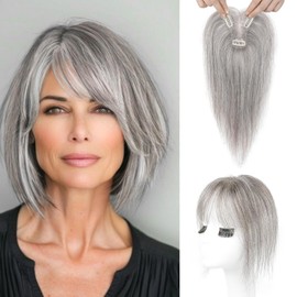REECHO Hair Toppers for Women Real Human Hair, Seamless Human Hair Toppers with Bangs, 360° 3D Cover Clip in Bangs Hair Extensions for Daily Wear, Gray