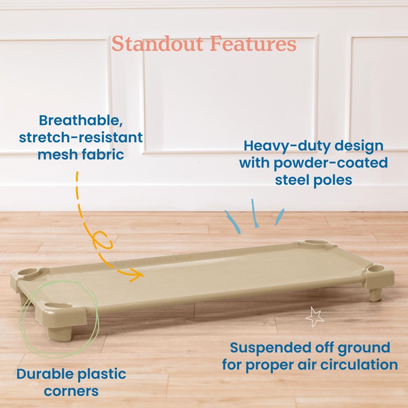 ECR4Kids Stackable Kiddie Cot, Ready-to-Assemble, Standard Size, Classroom Furniture, Sand,