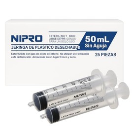 Jeringas Desechables NIPRO de Plástico 50 mL sin Aguja Luer Lock, Grado Médico, Esterilizadas Caja con 25 Piezas