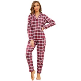 Mnemo Home Women's Long Flannel Pyjamas, 100% Cotton, Flannel, red