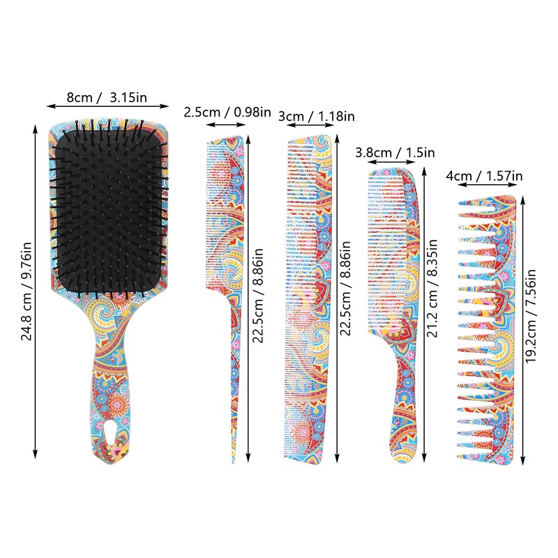 5pcs Paddle Hair Brush Set Easy Detangling Brush Tail Comb