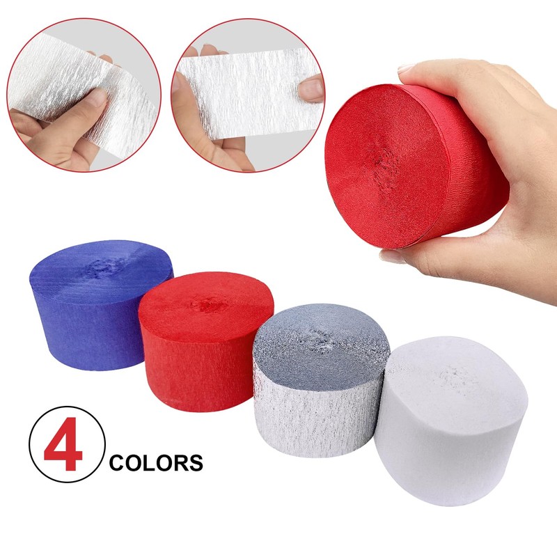 4 Crepe Paper Streamers Rolls, 328ft Pack of Red, White,