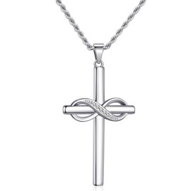 RANKEEF Silver Cross Necklace for Men Removable 2mm Stainless Steel Chain Necklaces Sturdy AAA Rhinestone Inifinity Pendant Necklaces Jewelry Gifts for Him Silver Cross Chain for Men