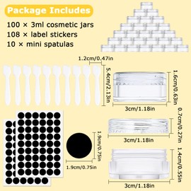 UZSUZZ 100 Pcs Cosmetic Sample Containers, 3ml/3g Empty Plastic Cosmetic Jars with Clear Lids, Mini Sample Pots for Cosmetics With Spatulas Labels, Travel Pots for Cream, Lip, Sample, Make-Up Storage
