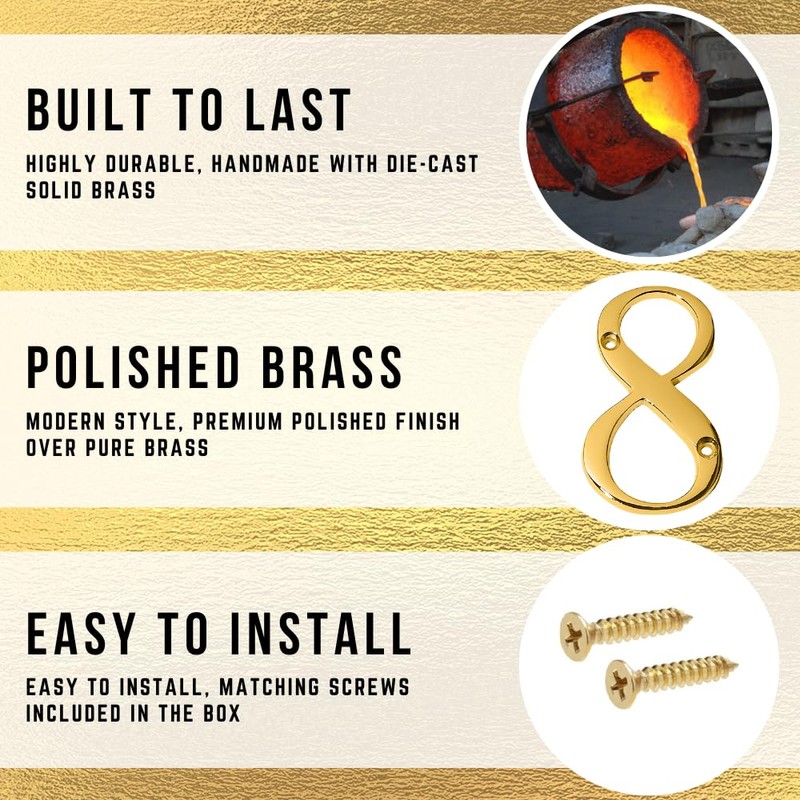 Clio 3-Inch Brass House Numbers For Outside Address Signs For