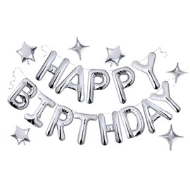 Silver Happy Birthday Balloons Banner, 3D Mylar Foil Letter Birthday Balloons with 6pcs Star Balloons, Birthday Party Decorations for Kids Boys Men Adults Birthday Party Supplies
