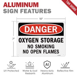 T&R Oxygen Storage No Smoking No Open Flames Sign - 4 Pack - 10 x 7 Inches Rust Free .040 Aluminum Reflective - UV Protected, Waterproof, Weatherproof and Fade Resistant - 4 Pre-drilled Holes