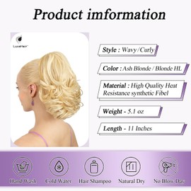 LuxeHair 11” Classic Loose Curly Claw Clip In Ponytail Extension, Short Curly Wavy Claw Clip On Ponytails Hair Extensions Hairpieces for Women- Ash Blonde/Blonde HL