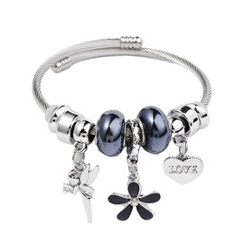 Zoe's Jewelry Stainless Steel Charm Bracelet, 8-9 Inch Adjustable Bangle with Butterfly Charms, Silver, Multi-color (38.Heart Charm Flower Fairy Black)