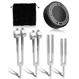 TIKSCIENCE Resonance Tuning Forks for Healing Set Inlcuding c128Hz om136.1Hz c256Hz 384Hz Hockey Puck Activator, Chakra Sound Therapy Instruments Tuning Fork Set