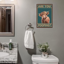 2 Pack Vintage Highland Cow Tin Sign - Funny "Are You Pooping?" Bathroom Wall Decor for Western & Highland Cow Lovers 8 x 12 Inch