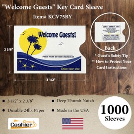 1000 Cashier Depot Key Card Sleeves – “Welcome Guests” Summer Design – 2.375" x 3.5" White 24lb Paper – Blue & Yellowe – for Hotels, Motels, Resorts, B&Bs, and Hospitality Businesses, 1000 Count