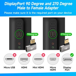 8K DisplayPort 1.4 Adapter Flat 90 Degree and 270 Degree Adapter 4 Pack, Right Angle DP Male to Female Vertical Connector Converter DP L Shape Extender, Support 8K@60Hz，4K@144Hz，4K@60Hz，4K@30Hz