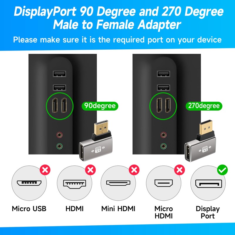 8K DisplayPort 1.4 Adapter Flat 90 Degree and 270 Degree